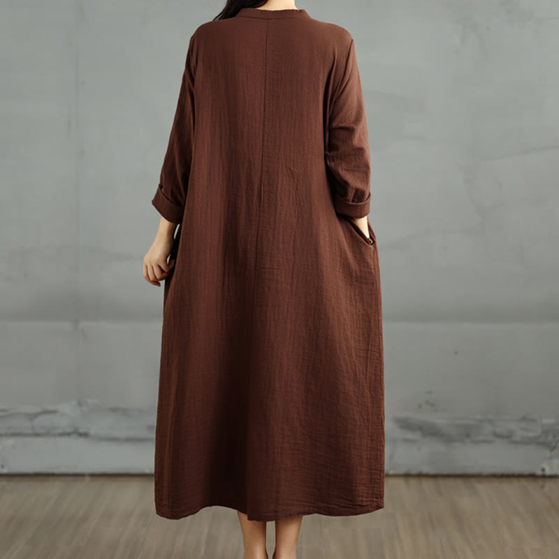 Buddha Stones Plain Long Sleeve Notched Collar Double-layer Cotton Midi Dress With Pockets