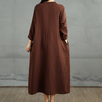 Buddha Stones Plain Long Sleeve Notched Collar Double-layer Cotton Midi Dress With Pockets