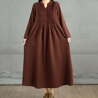 Buddha Stones Plain Long Sleeve Notched Collar Double-layer Cotton Midi Dress With Pockets