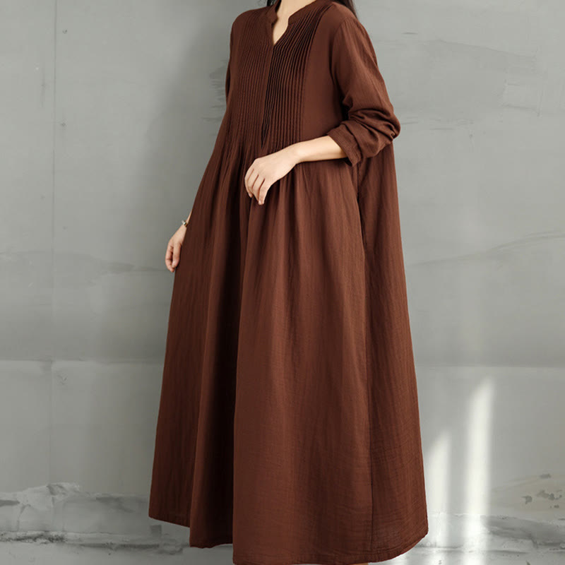 Buddha Stones Plain Long Sleeve Notched Collar Double-layer Cotton Midi Dress With Pockets