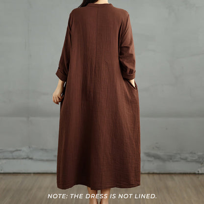 Buddha Stones Plain Long Sleeve Notched Collar Double-layer Cotton Midi Dress With Pockets