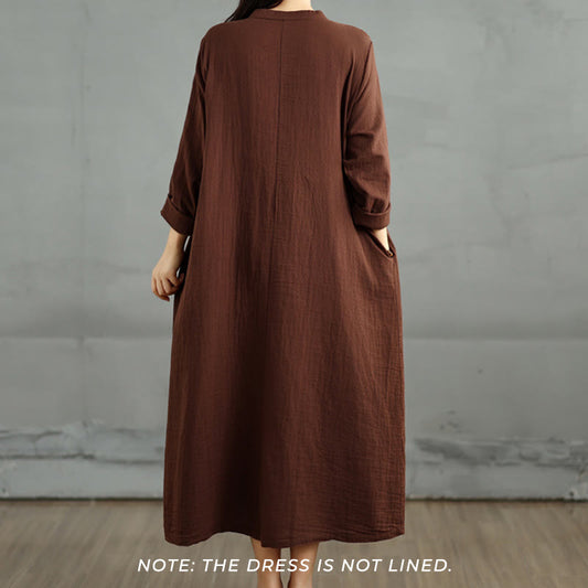 Buddha Stones Plain Long Sleeve Notched Collar Double-layer Cotton Midi Dress With Pockets