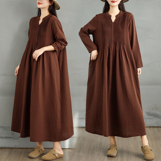 Buddha Stones Plain Long Sleeve Notched Collar Double-layer Cotton Midi Dress With Pockets