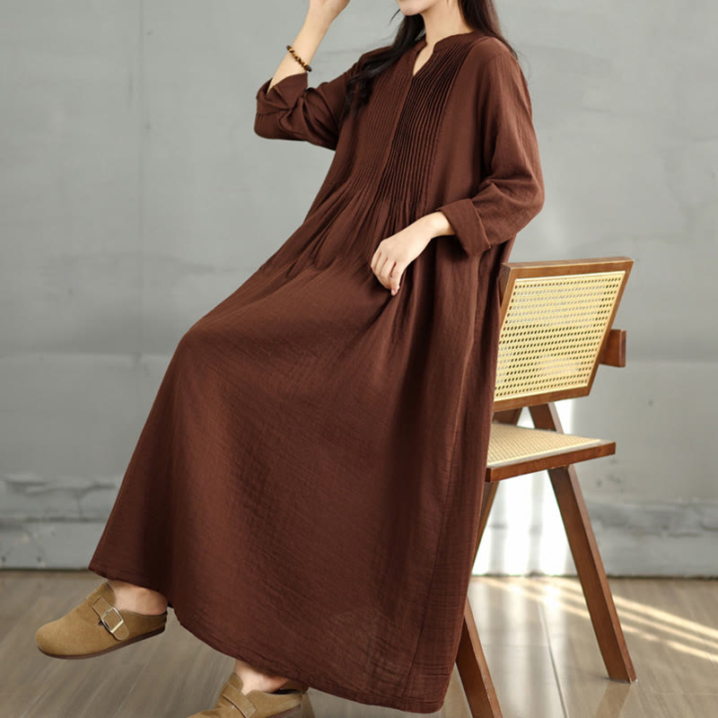 Buddha Stones Plain Long Sleeve Notched Collar Double-layer Cotton Midi Dress With Pockets