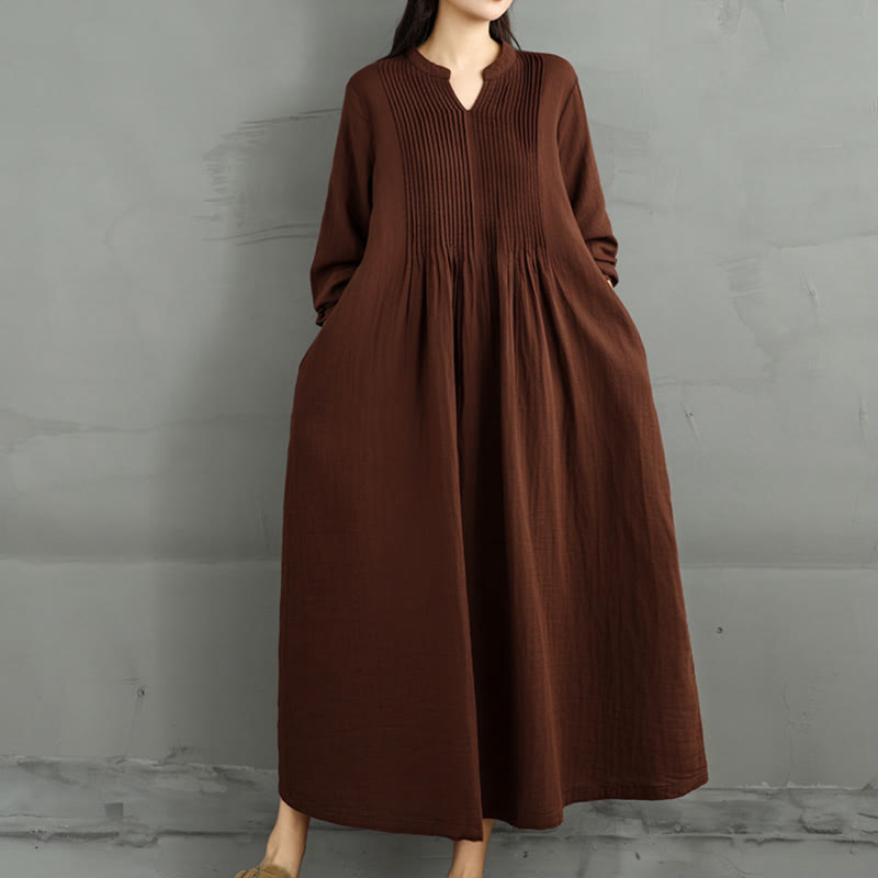 Buddha Stones Plain Long Sleeve Notched Collar Double-layer Cotton Midi Dress With Pockets