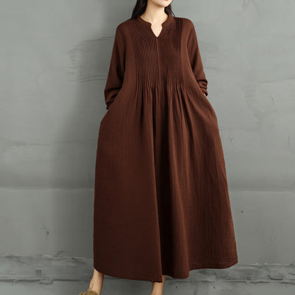 Buddha Stones Plain Long Sleeve Notched Collar Double-layer Cotton Midi Dress With Pockets