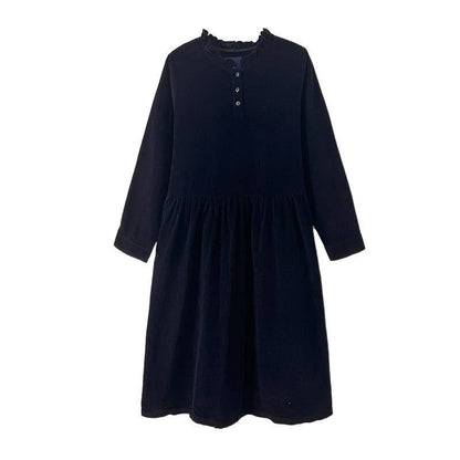 Buddha Stones Lace-Up Design Ruffled Crew Neck Cotton Corduroy Long Sleeve Midi Dress With Pockets