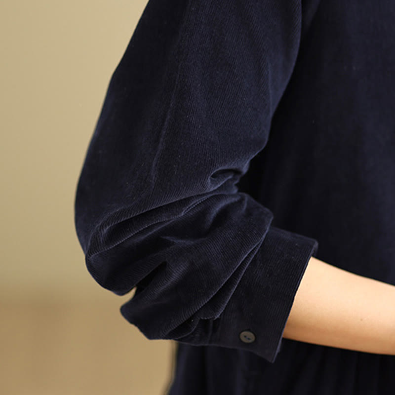Buddha Stones Lace-Up Design Ruffled Crew Neck Cotton Corduroy Long Sleeve Midi Dress With Pockets
