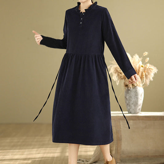 Buddha Stones Lace-Up Design Ruffled Crew Neck Cotton Corduroy Long Sleeve Midi Dress With Pockets