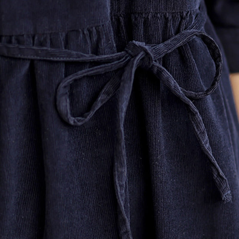 Buddha Stones Lace-Up Design Ruffled Crew Neck Cotton Corduroy Long Sleeve Midi Dress With Pockets