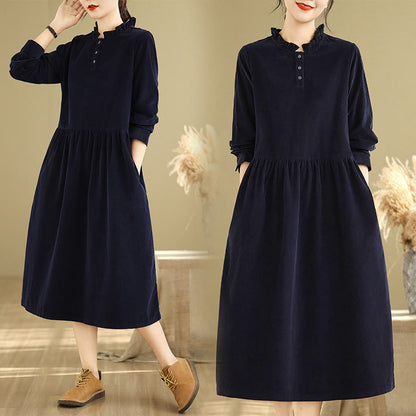 Buddha Stones Lace-Up Design Ruffled Crew Neck Cotton Corduroy Long Sleeve Midi Dress With Pockets