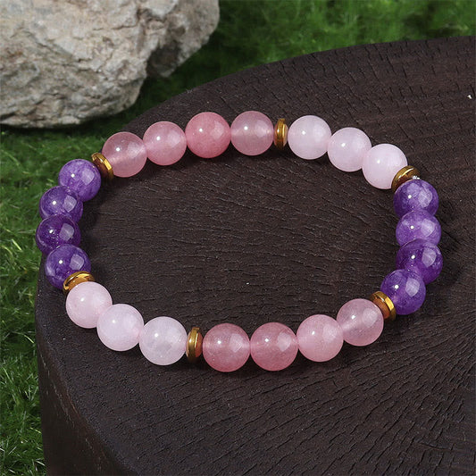 Buddha Stones Amethyst Strawberry Quartz Pink Crystal Beads Love Peace Bracelet