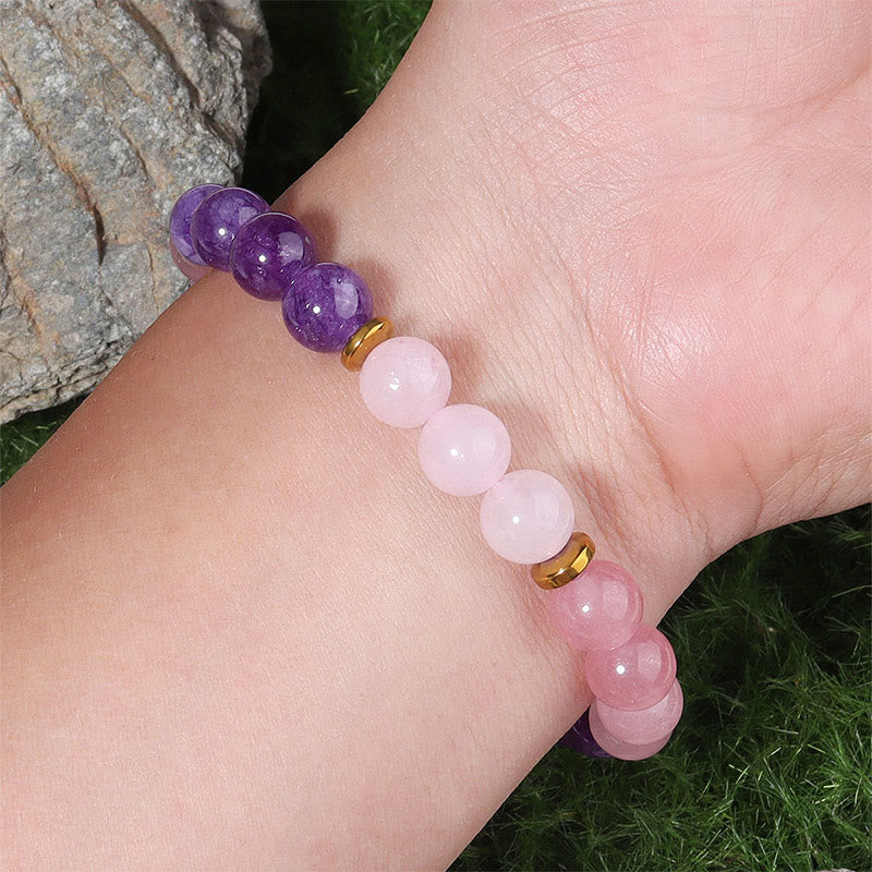 Buddha Stones Amethyst Strawberry Quartz Pink Crystal Beads Love Peace Bracelet