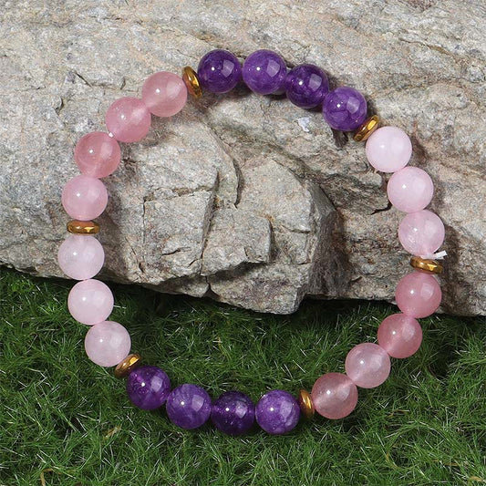 Buddha Stones Amethyst Strawberry Quartz Pink Crystal Beads Love Peace Bracelet