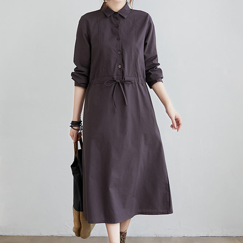 Buddha Stones Fall Solid Color Lace-Up Design Lapel Long Sleeve Cotton Midi Dress With Pockets