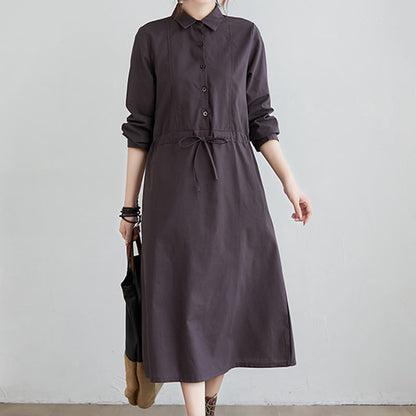 Buddha Stones Fall Solid Color Lace-Up Design Lapel Long Sleeve Cotton Midi Dress With Pockets