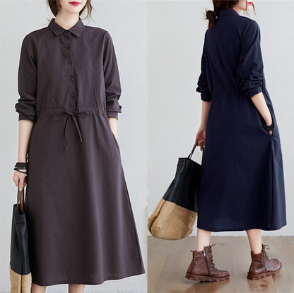 Buddha Stones Fall Solid Color Lace-Up Design Lapel Long Sleeve Cotton Midi Dress With Pockets