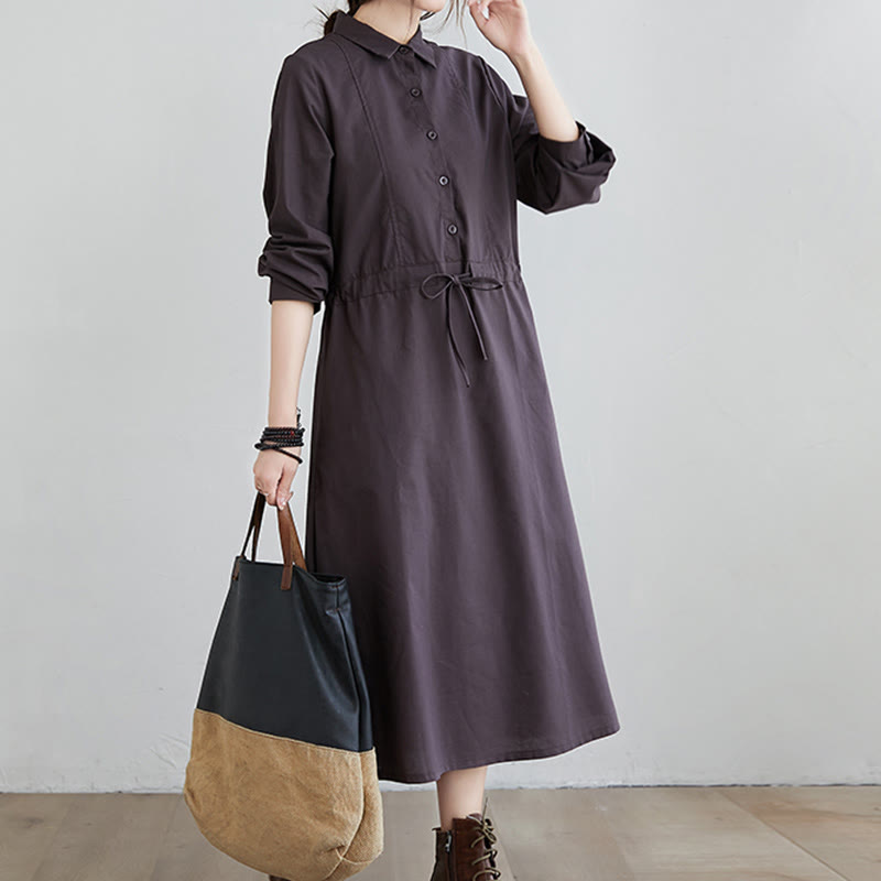 Buddha Stones Fall Solid Color Lace-Up Design Lapel Long Sleeve Cotton Midi Dress With Pockets