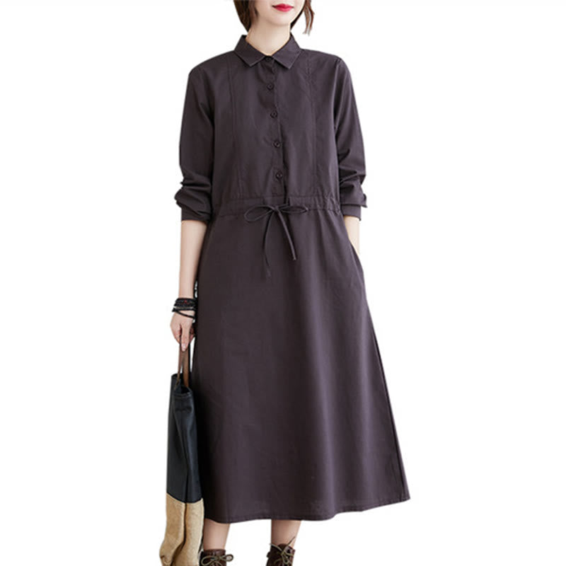 Buddha Stones Fall Solid Color Lace-Up Design Lapel Long Sleeve Cotton Midi Dress With Pockets
