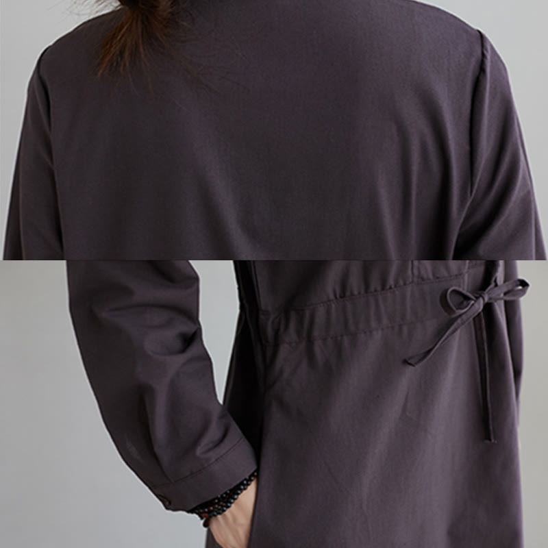 Buddha Stones Fall Solid Color Lace-Up Design Lapel Long Sleeve Cotton Midi Dress With Pockets