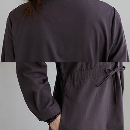 Buddha Stones Fall Solid Color Lace-Up Design Lapel Long Sleeve Cotton Midi Dress With Pockets