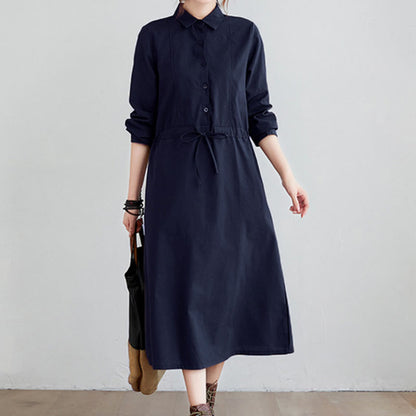 Buddha Stones Fall Solid Color Lace-Up Design Lapel Long Sleeve Cotton Midi Dress With Pockets