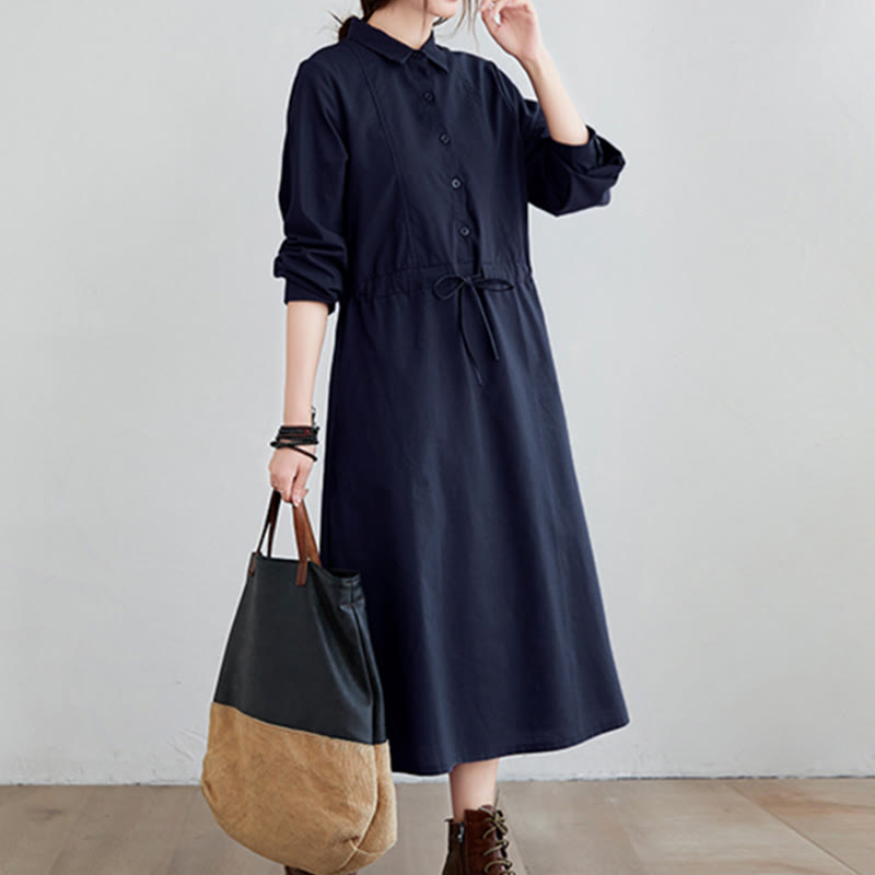 Buddha Stones Fall Solid Color Lace-Up Design Lapel Long Sleeve Cotton Midi Dress With Pockets