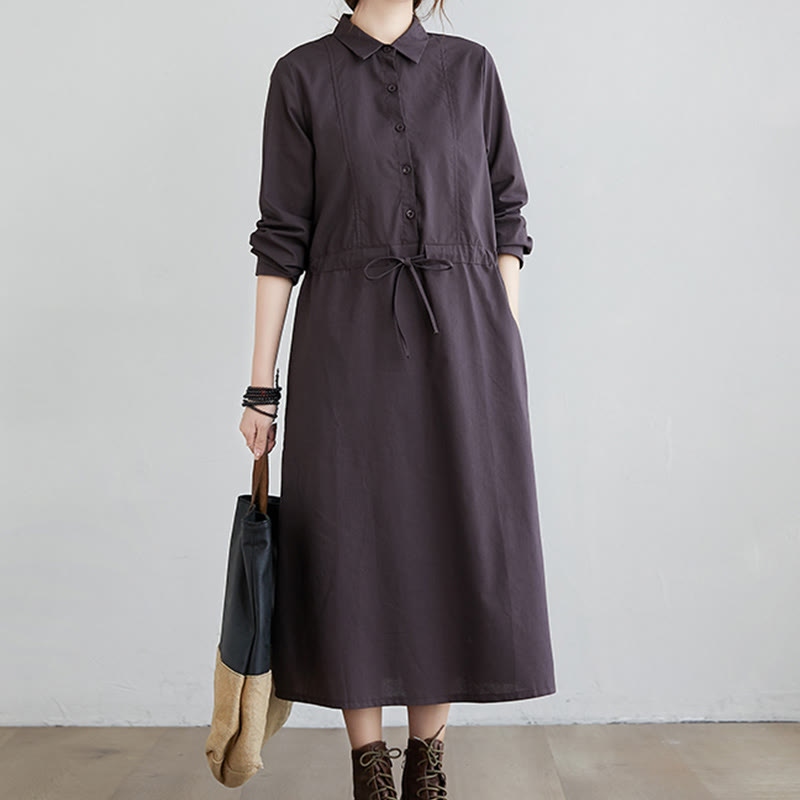 Buddha Stones Fall Solid Color Lace-Up Design Lapel Long Sleeve Cotton Midi Dress With Pockets