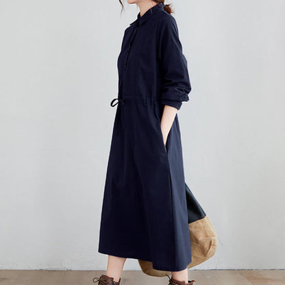 Buddha Stones Fall Solid Color Lace-Up Design Lapel Long Sleeve Cotton Midi Dress With Pockets