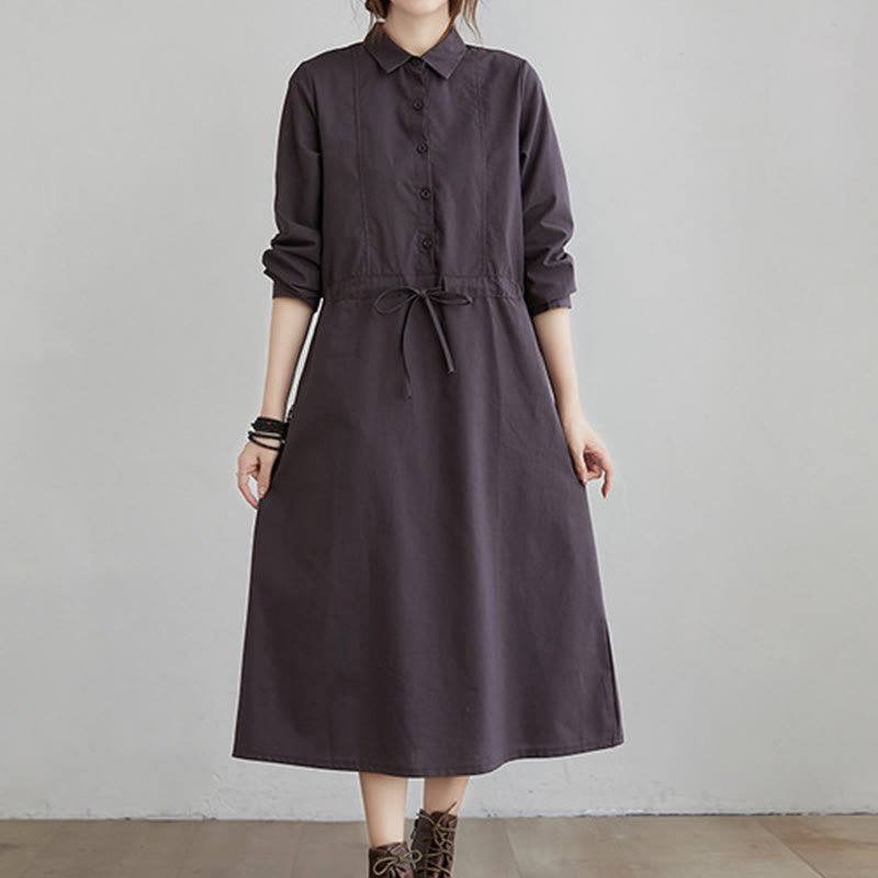 Buddha Stones Fall Solid Color Lace-Up Design Lapel Long Sleeve Cotton Midi Dress With Pockets