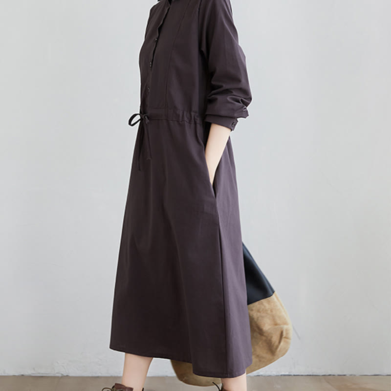 Buddha Stones Fall Solid Color Lace-Up Design Lapel Long Sleeve Cotton Midi Dress With Pockets
