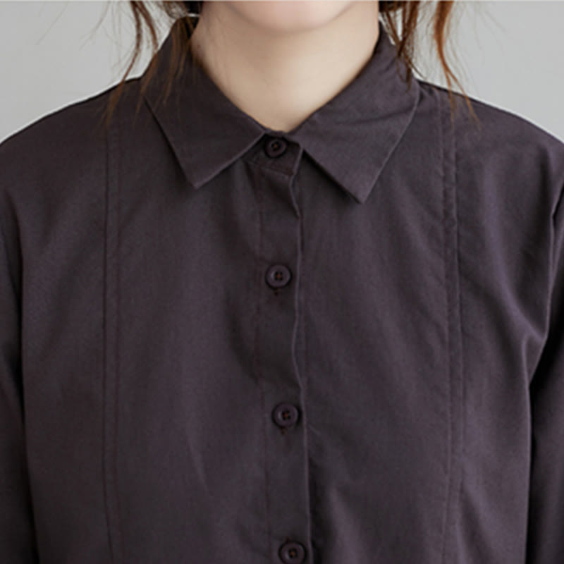 Buddha Stones Fall Solid Color Lace-Up Design Lapel Long Sleeve Cotton Midi Dress With Pockets