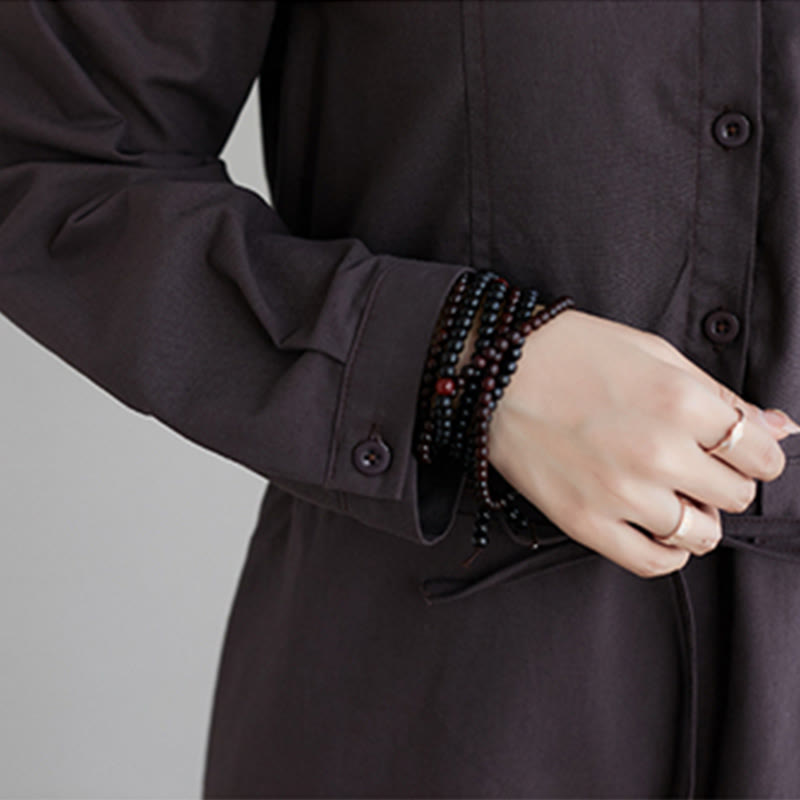 Buddha Stones Fall Solid Color Lace-Up Design Lapel Long Sleeve Cotton Midi Dress With Pockets