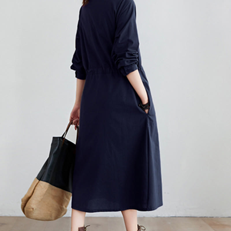 Buddha Stones Fall Solid Color Lace-Up Design Lapel Long Sleeve Cotton Midi Dress With Pockets