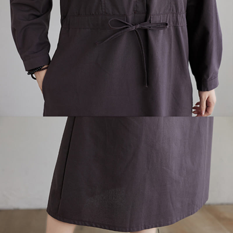 Buddha Stones Fall Solid Color Lace-Up Design Lapel Long Sleeve Cotton Midi Dress With Pockets