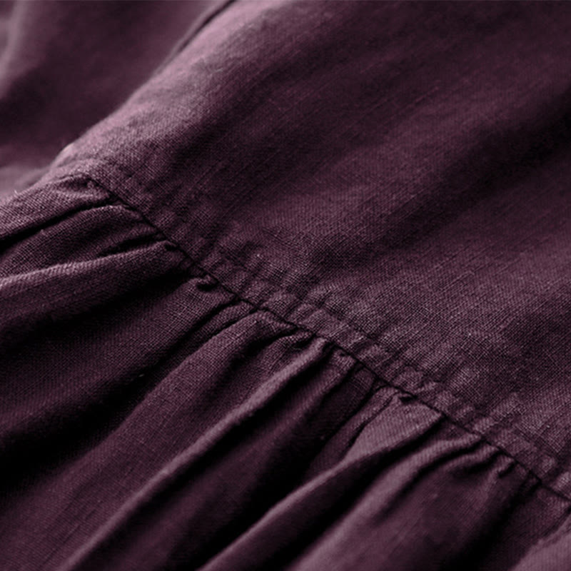 Buddha Stones Fall DarkMagenta V-Neck Buttons Design Cotton Long Sleeve Midi Dress