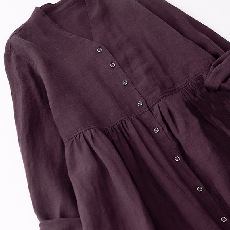 Buddha Stones Fall DarkMagenta V-Neck Buttons Design Cotton Long Sleeve Midi Dress