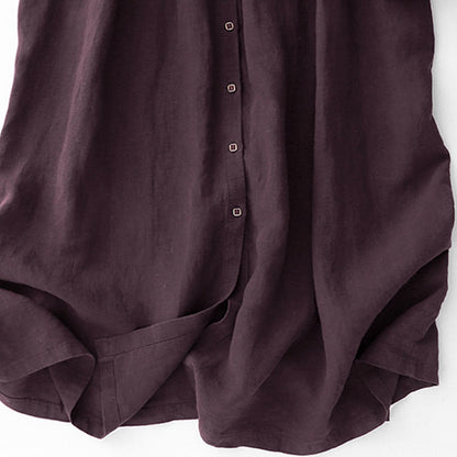 Buddha Stones Fall DarkMagenta V-Neck Buttons Design Cotton Long Sleeve Midi Dress