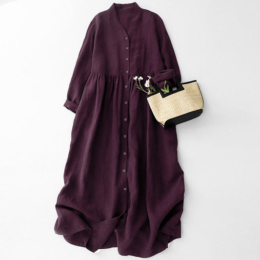 Buddha Stones Fall DarkMagenta V-Neck Buttons Design Cotton Long Sleeve Midi Dress
