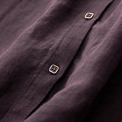 Buddha Stones Fall DarkMagenta V-Neck Buttons Design Cotton Long Sleeve Midi Dress