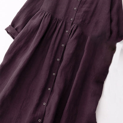 Buddha Stones Fall DarkMagenta V-Neck Buttons Design Cotton Long Sleeve Midi Dress