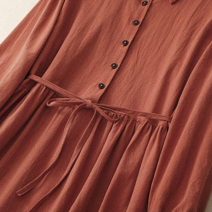 Buddha Stones Fall Lapel Buttons Lace-Up Design Cotton Long Sleeve Midi Dress With Pockets