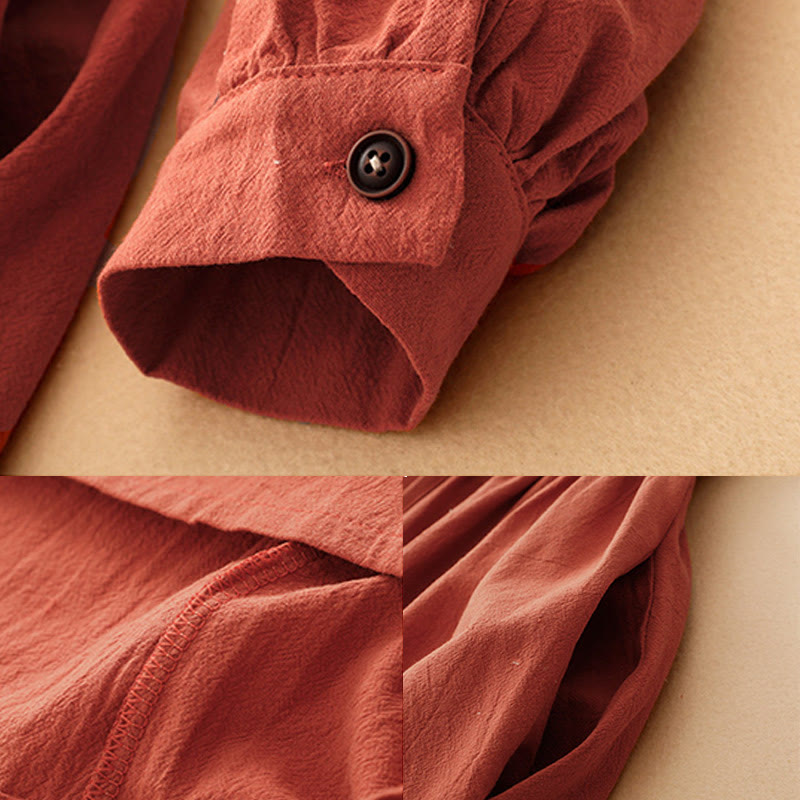 Buddha Stones Fall Lapel Buttons Lace-Up Design Cotton Long Sleeve Midi Dress With Pockets