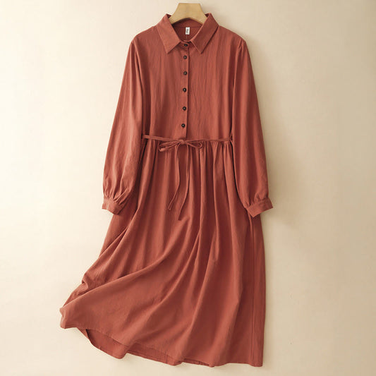 Buddha Stones Fall Lapel Buttons Lace-Up Design Cotton Long Sleeve Midi Dress With Pockets