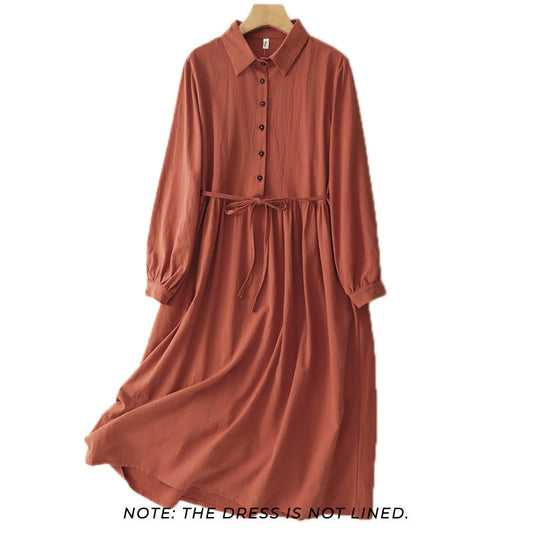 Buddha Stones Fall Lapel Buttons Lace-Up Design Cotton Long Sleeve Midi Dress With Pockets