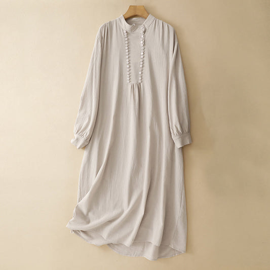 Buddha Stones Pure Color Stand Collar Double-breasted Buttons Design Cotton Long Sleeve Midi Dress
