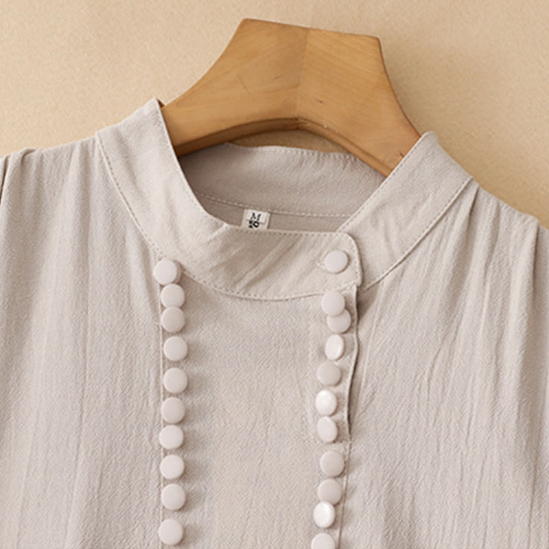Buddha Stones Pure Color Stand Collar Double-breasted Buttons Design Cotton Long Sleeve Midi Dress