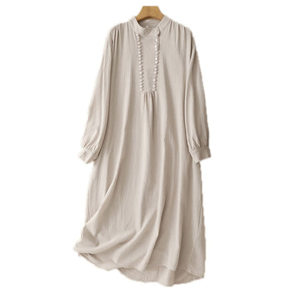 Buddha Stones Pure Color Stand Collar Double-breasted Buttons Design Cotton Long Sleeve Midi Dress