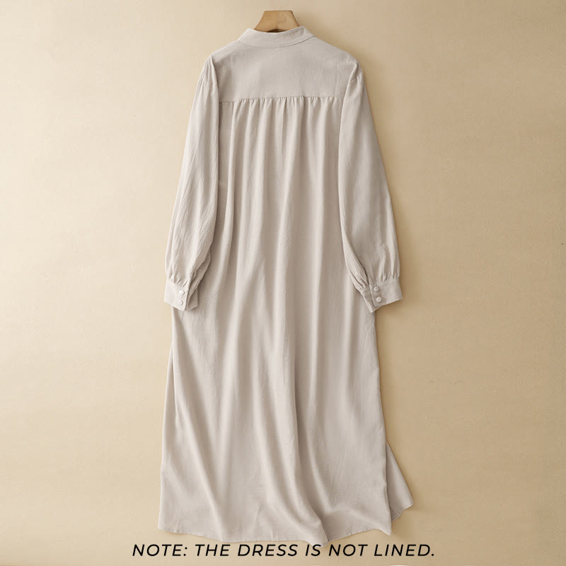 Buddha Stones Pure Color Stand Collar Double-breasted Buttons Design Cotton Long Sleeve Midi Dress