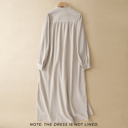 Buddha Stones Pure Color Stand Collar Double-breasted Buttons Design Cotton Long Sleeve Midi Dress